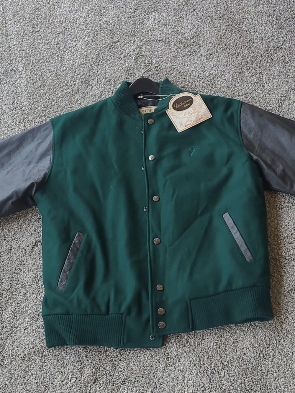 Cabela's Green Bomber Jacket with Black Leather Sleeves